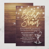 ウェディングシャワーのシャンパングラス 木製ストリングライト 招待状 (正面/裏面)