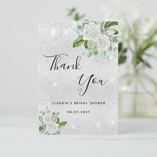 ウェディングシャワーのシルバーグリッター白の花 サンキューカード (スタンド正面)