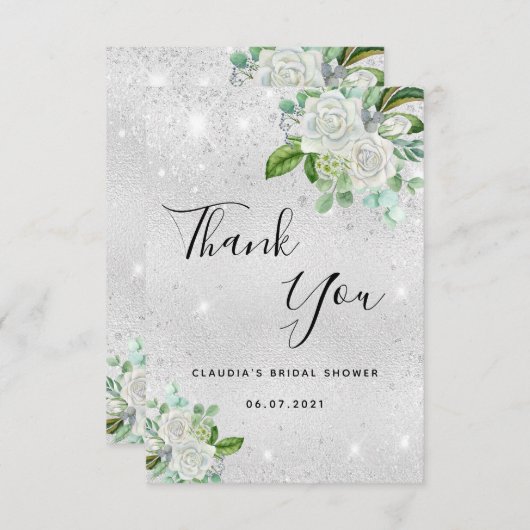 ウェディングシャワーのシルバーグリッター白の花 サンキューカード (正面/裏面)