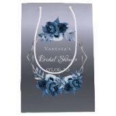 ウェディングシャワーのシルバー ネイビーブルー 花柄 ジオメトリック ミディアムペーパーバッグ (正面)