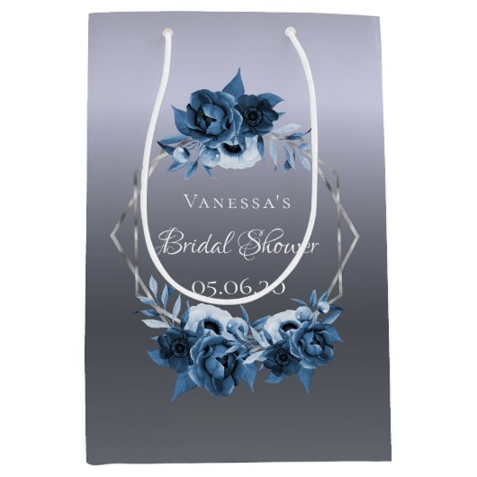 ウェディングシャワーのシルバー ネイビーブルー 花柄 幾何学模様 ミディアムペーパーバッグ (正面)