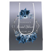 ウェディングシャワーのシルバー ネイビーブルー 花柄 幾何学模様 ミディアムペーパーバッグ (裏面)