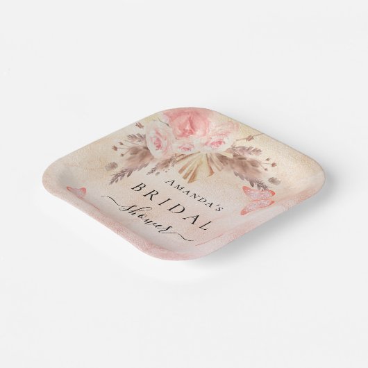 ウェディングシャワーのパンパス草とバラの花の蝶 ペーパープレート (傾斜あり)