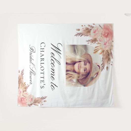 ウェディングシャワーのパンパス草とバラ色のアーチ写真 タペストリー (正面(横))