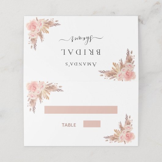 ウェディングシャワーのパンパス草とローズゴールドとブッシュの花 プレイスカード (外部開封)