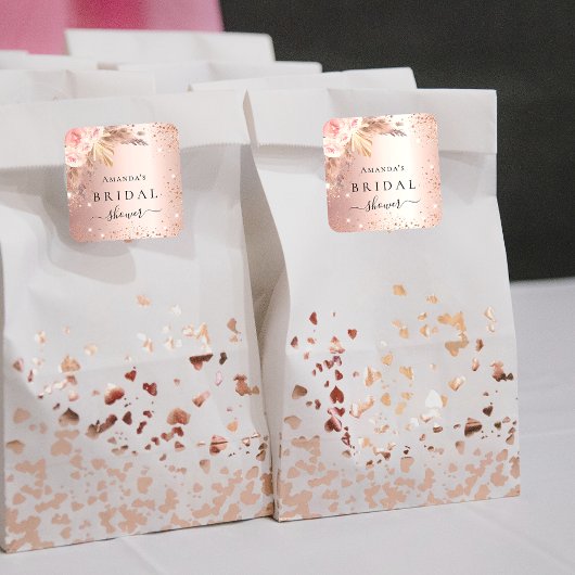 ウェディングシャワーのパンパス草とローズゴールドの花 スクエアシール