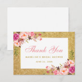 ウェディングシャワーのピンクの花とゴールドのグリッターの感謝メッセージ サンキューカード (正面/裏面)