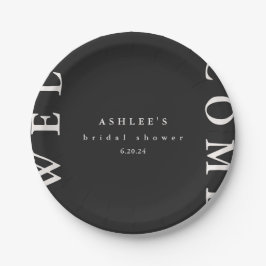 ウェディングシャワーのブラックとタウペのタイポグラフィーウェルカムプレート ペーパープレート
