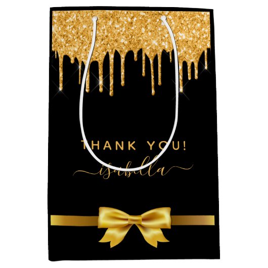 ウェディングシャワーのブラックゴールドグリッター感謝祭のギフト ミディアムペーパーバッグ (正面)