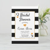 ウェディングシャワーのブラック&ホワイトのストライプ | ゴールドハート 招待状 (スタンド正面)