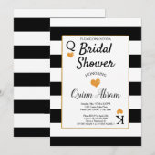 ウェディングシャワーのブラック&ホワイトのストライプ | ゴールドハート 招待状 (正面/裏面)