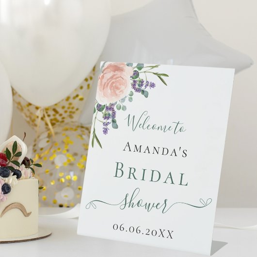 ウェディングシャワーのラベンダーとローズゴールドの花 台座サイン