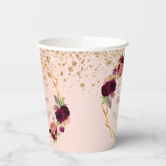 ウェディングシャワーのローズゴールドとバーガンディの花  紙コップ (左)