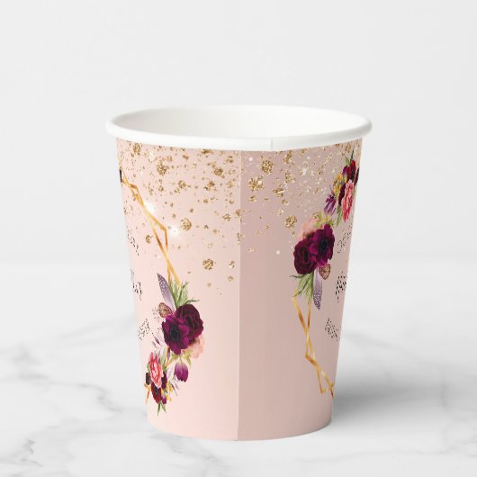 ウェディングシャワーのローズゴールドとバーガンディの花  紙コップ (右)