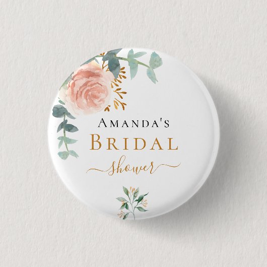 ウェディングシャワーのローズゴールドの花とユーカリのエレガントなデザイン 缶バッジ (正面)