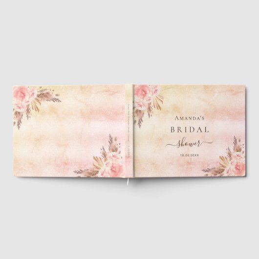 ウェディングシャワーのローズゴールドの花飾りとパンパスグラス ゲストブック (全面)