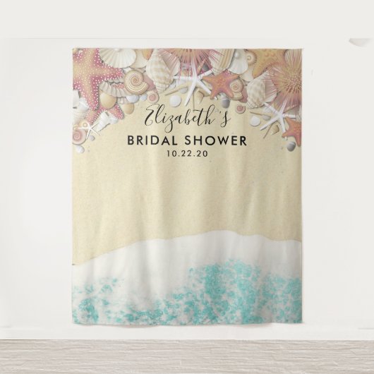 ウェディングシャワーの写真用背景 夏のビーチ タツノオシエ タペストリー (正面)