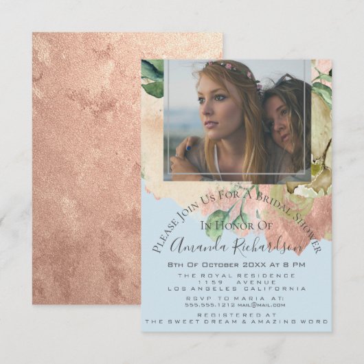 ウェディングシャワーの写真 花の花束 誕生日 青い桃 招待状 (正面/裏面)