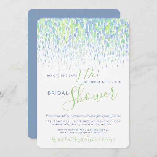 ウェディングシャワーの前に 緑と青の水彩画 招待状 (正面/裏面)