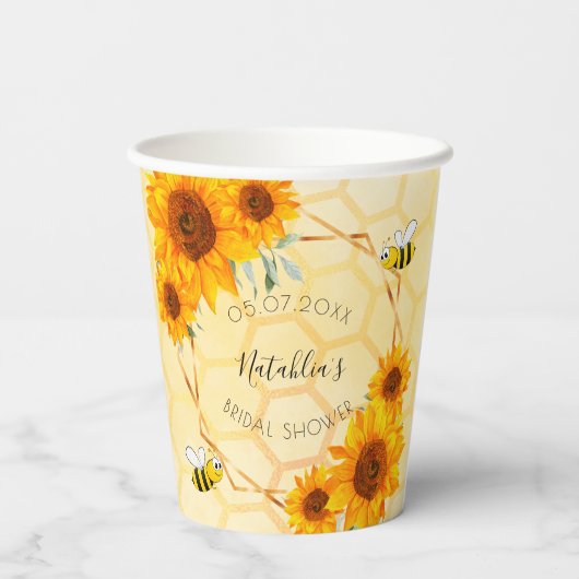 ウェディングシャワーの庭のひまわりとミツバチ 紙コップ (裏面)