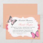 ウェディングシャワーの招待状、ピンクの蝶のデザイン 招待状 (正面/裏面)