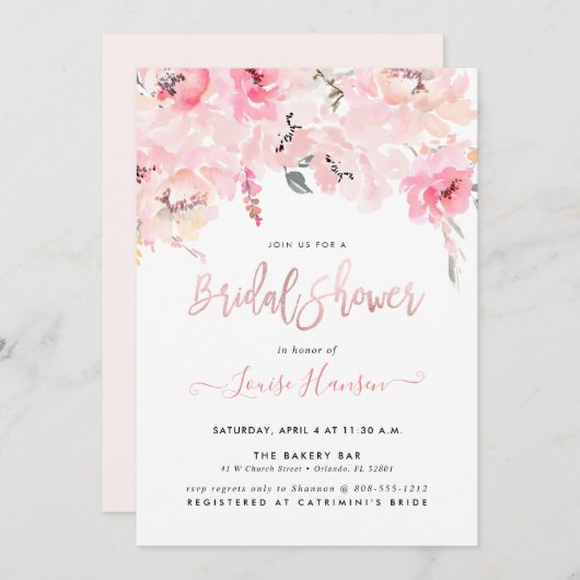 ウェディングシャワーの招待状, 水彩のソフトピンクの芍薬 招待状 (正面/裏面)
