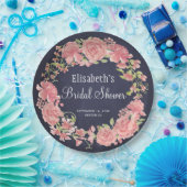 ウェディングシャワーの水彩ピンクの花とネイビー ペーパープレート (パーティー)