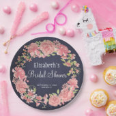 ウェディングシャワーの水彩ピンクの花のネイビー ペーパープレート (パーティー)