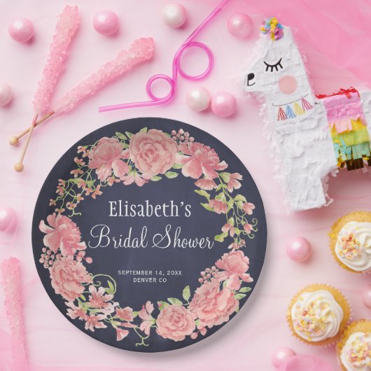 ウェディングシャワーの水彩ピンクの花のネイビー ペーパープレート (パーティー)