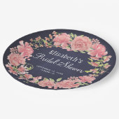 ウェディングシャワーの水彩ピンクの花のネイビー ペーパープレート (アングル)