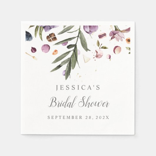 ウェディングシャワーの紫色の花が落ちるウェルカムサイン スタンダードカクテルナプキン (正面)