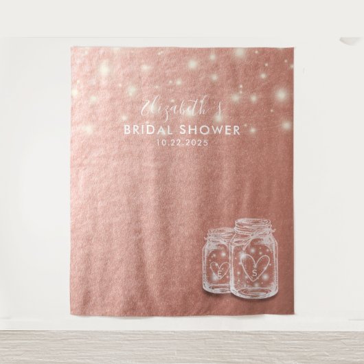 ウェディングシャワーの背景 カップル メイソンジャー ローズゴールド タペストリー (正面)