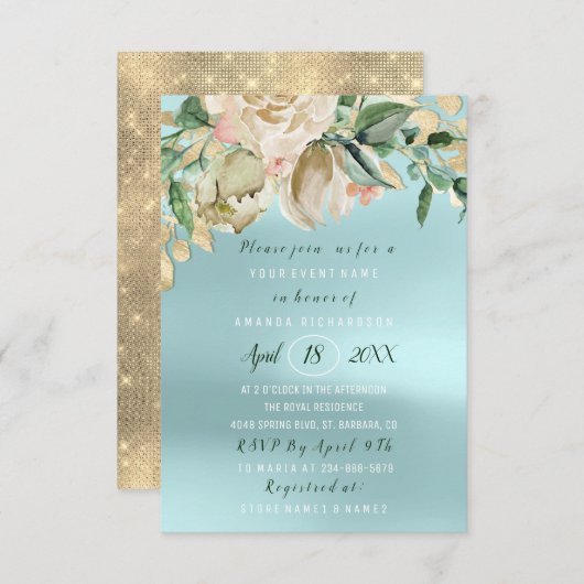 ウェディングシャワーの花のランチ ミントローズ ブルー 招待状 (正面/裏面)