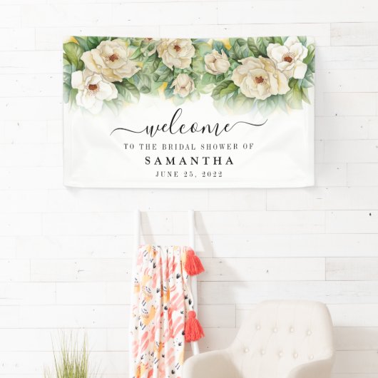 ウェディングシャワーの花の白いマグノリアの名前のウェルカムサイン 横断幕 (インサイチュ)