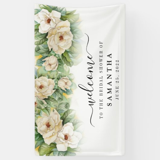 ウェディングシャワーの花の白いマグノリアの名前のウェルカムサイン 横断幕 (縦)