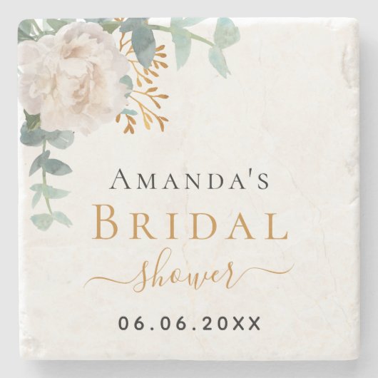 ウェディングシャワーの花束 ユーカリグリーン エレガント ストーンコースター (正面)