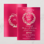 ウェディングシャワーの花輪 ラズベリー ピンクのバラ 招待状 (正面/裏面)