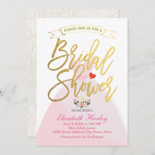 ウェディングシャワーの花 Bride Dress ダイヤモンドリング 招待状 (正面/裏面)