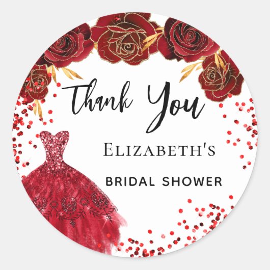 ウェディングシャワーの赤と白のドレス サンキュー ラウンドシール (正面)