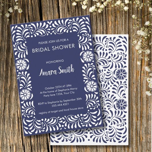 ウェディングシャワーの青いタラベラの花の招待状 招待状