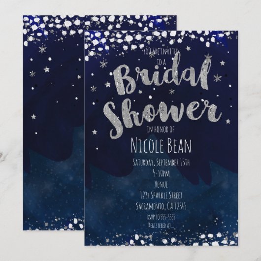 ウェディングシャワーの青と銀の星空の招待状 招待状 (正面/裏面)