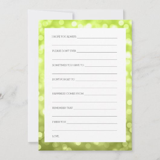 ウェディングシャワーは淡黄緑のグリッターライトを望みます 招待状 (正面)