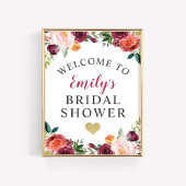 ウェディングシャワーウェルカムラスティックバーガンディーフォールフローラル ポスター