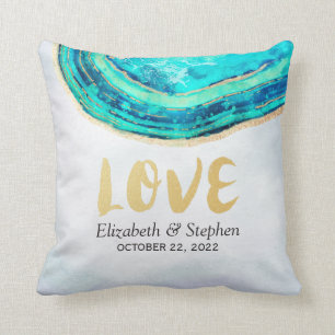 ウェディングシャワーウォーターカラーティール（緑がかった色）&金ゴールドゲートGeode クッション