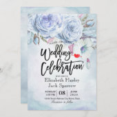ウェディングシャワーウォーターカラーボヘミアンフローラ羽毛 招待状 (正面/裏面)