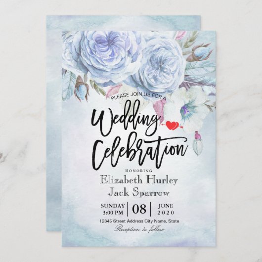 ウェディングシャワーウォーターカラーボヘミアンフローラ羽毛 招待状 (正面/裏面)