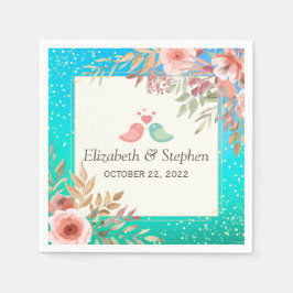 ウェディングシャワーエレガントピンクフローラティール（緑がかった色）金ゴールドドット スタンダードカクテルナプキン