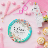 ウェディングシャワーエレガントピンクフローラティール（緑がかった色）金ゴールドドット ペーパープレート (パーティー)