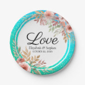 ウェディングシャワーエレガントピンクフローラティール（緑がかった色）金ゴールドドット ペーパープレート (正面)