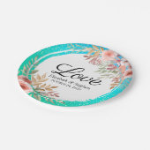 ウェディングシャワーエレガントピンクフローラティール（緑がかった色）金ゴールドドット ペーパープレート (アングル)